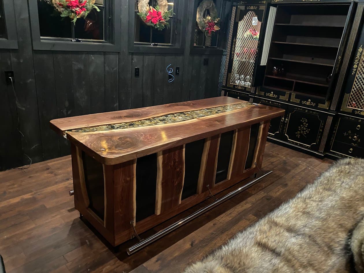 Black walnut live edge river rock lit bar top